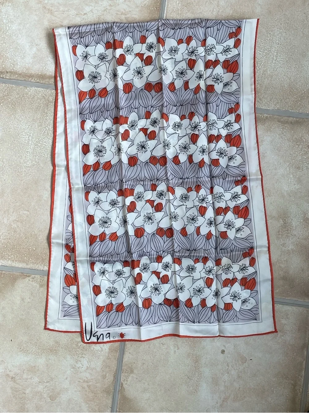 Vintage 60s Vera Nuemann red white gray abstract floral print scarf 100% acetate